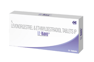 Pack of LF-Kare contraceptive pills by DKT India, Levonorgestrel and Ethinylestradiol tablets, 21 tablets pack.