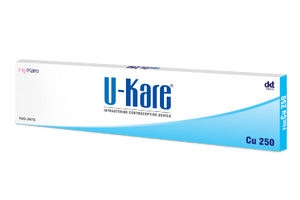 Pack of U-Kare Cu 250 intrauterine contraceptive device (IUD) by DKT India, two units.